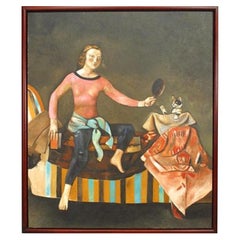 Young Girl and Kitten Painting, Hand-Painted, Mid-Century Modern