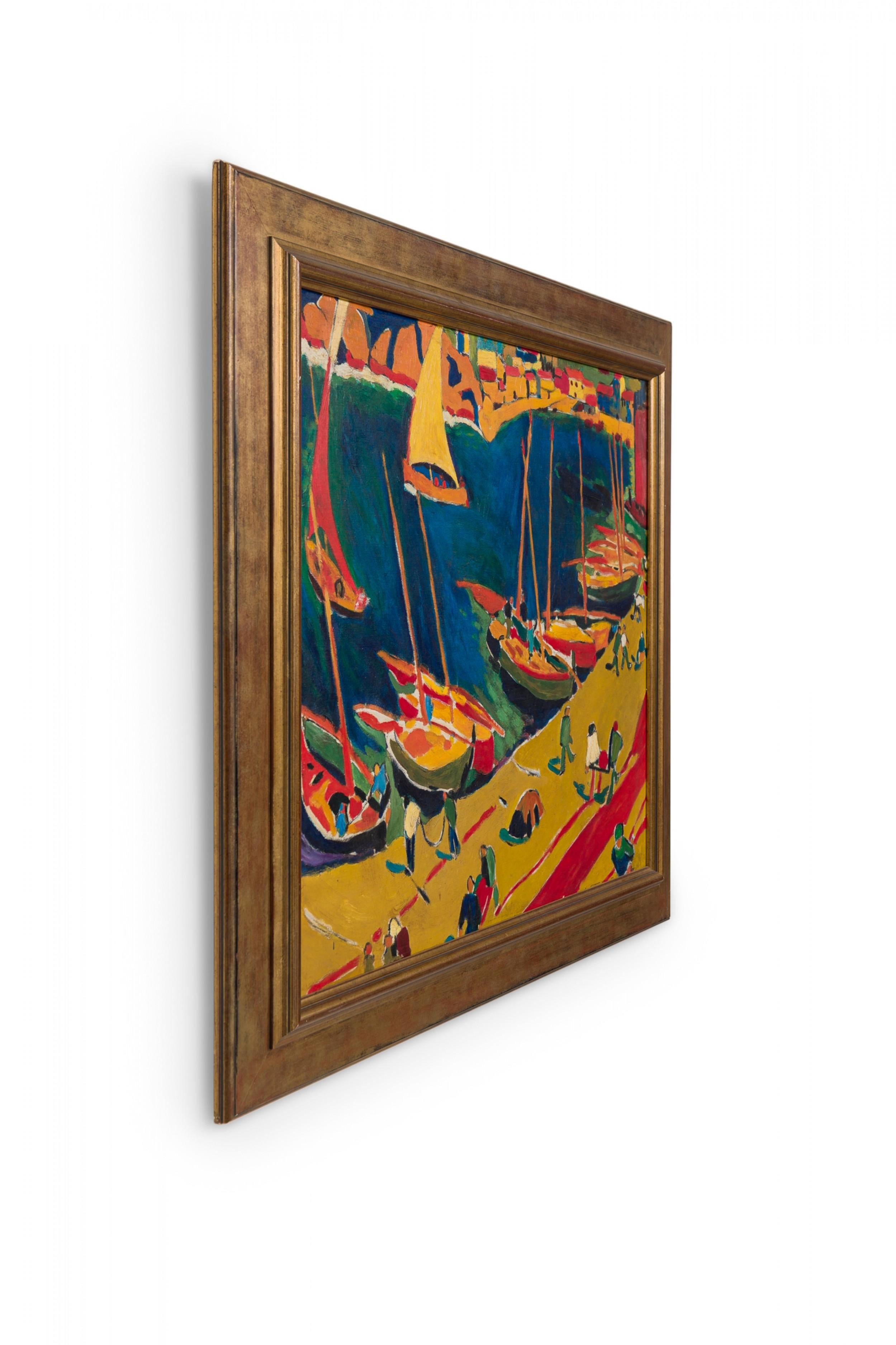 Kopie eines Gemäldes des französischen Fauvisten Andre Derain, das einen Hafen mit angedockten Segelbooten und arbeitenden Menschen zeigt (Hafen von Collioure 1905)