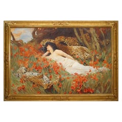 Leopards and Woman Painting, Copy of Arthur Wardle, Antique Style