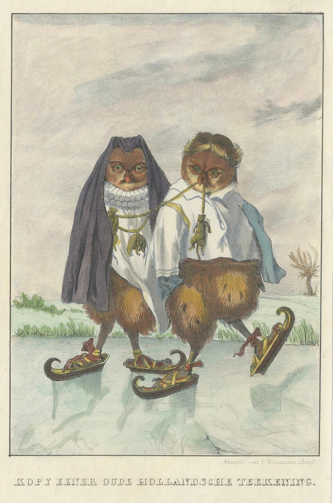 Kopie einer alten niederländischen Zeichnung: Anthropomorphe Eulen beim Skaten in einer Winterszene (Mittleres 19. Jahrhundert) im Angebot