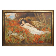 Lady with Leopards Antique Copy Painting, Classical Style, 50x70 in