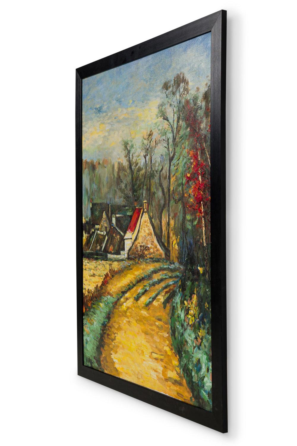 Huile sur toile de style post-impressionniste français représentant une route jaune, des arbres aux feuilles vertes et une maison au loin avec un toit rouge (Copie de l'œuvre de Paul Cézanne : 