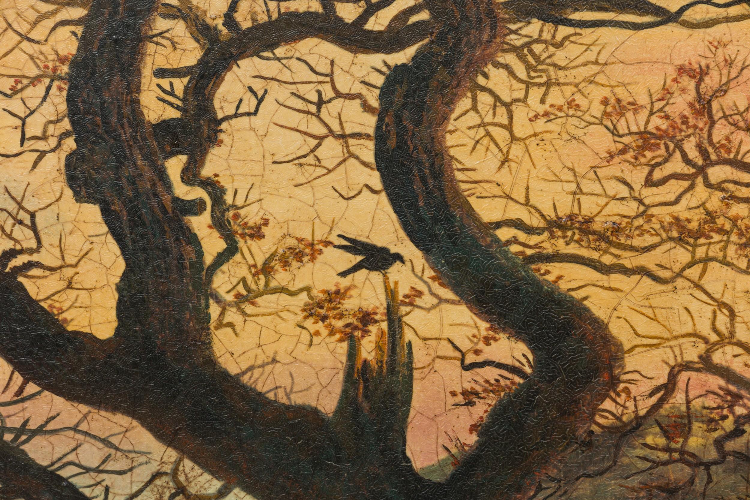 Kopie von „Baum mit Crows“, Landschaftsgemälde (Handbemalt) im Angebot