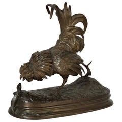 "Coq et Lézard":: sculpture en bronze de Ferdinand Pautrot (19e siècle)