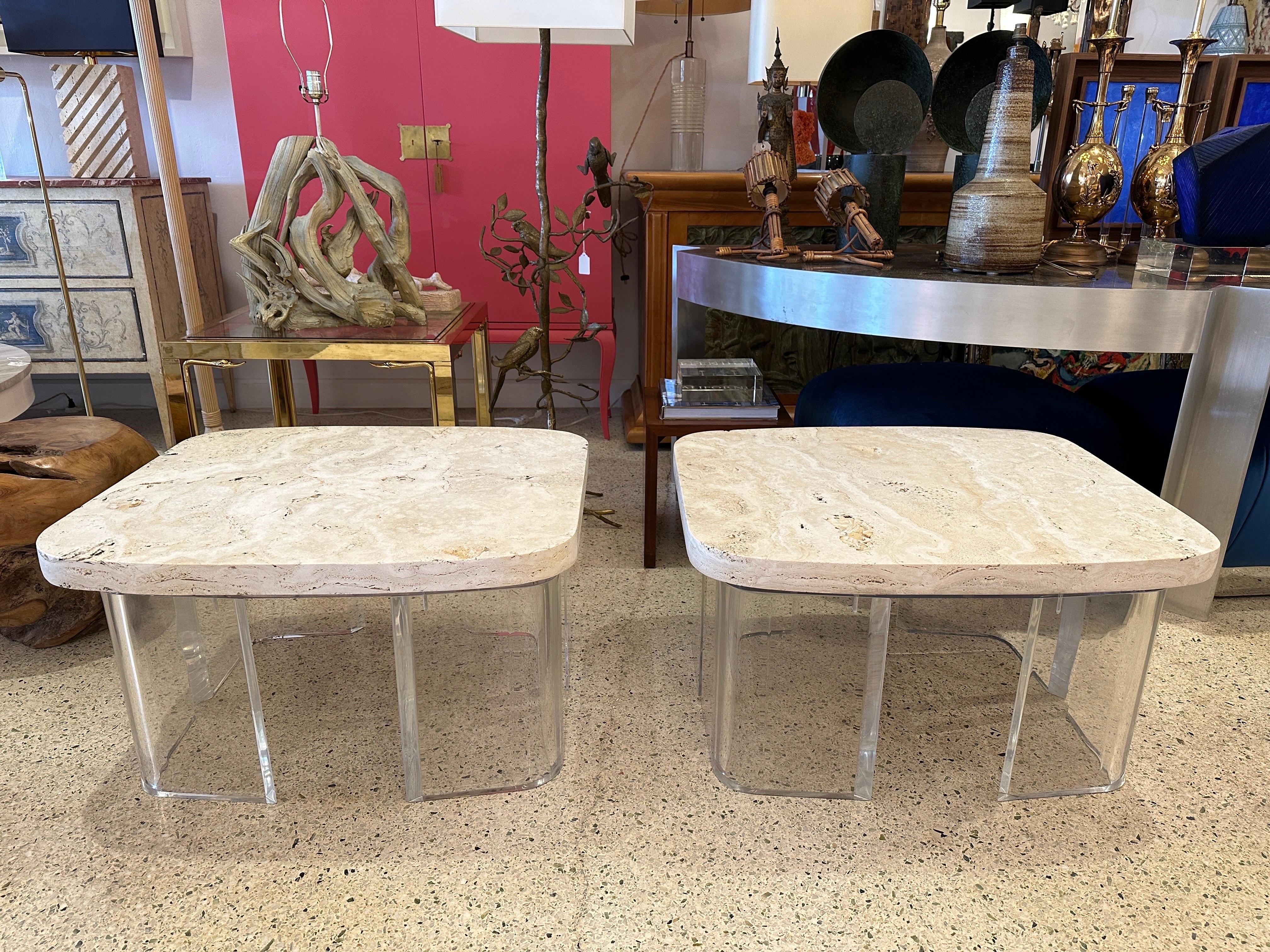 American Natural Travertine and Lucite Sidetables, Pair For Sale