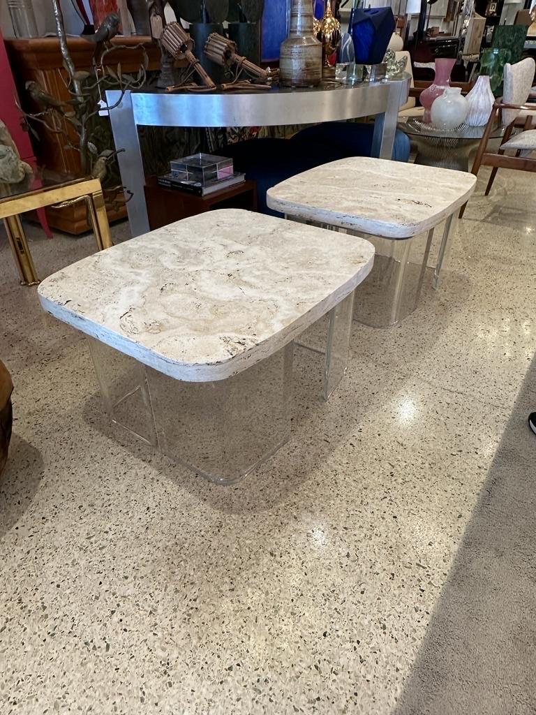 Natural Travertine and Lucite Sidetables, Pair In Good Condition For Sale In East Hampton, NY