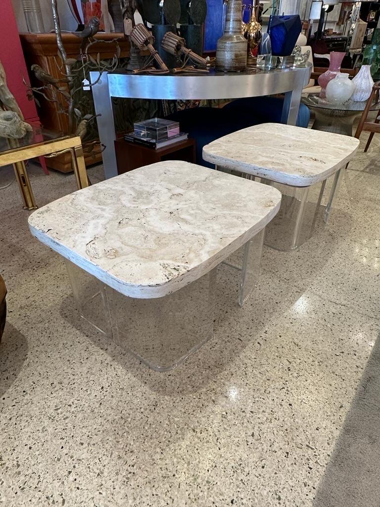 Late 20th Century Natural Travertine and Lucite Sidetables, Pair For Sale