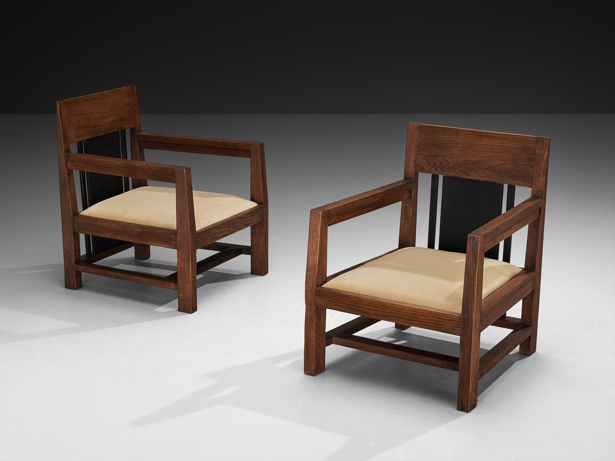 Cor Alons for Winterkamp en Van Putten, pair of armchairs, oak, lacquered wood, velvet, the Netherlands, 1927

Cor Alons (1892-1967) was a Dutch interior architect and industrial designer. He has made an important contribution to the New Objectivity