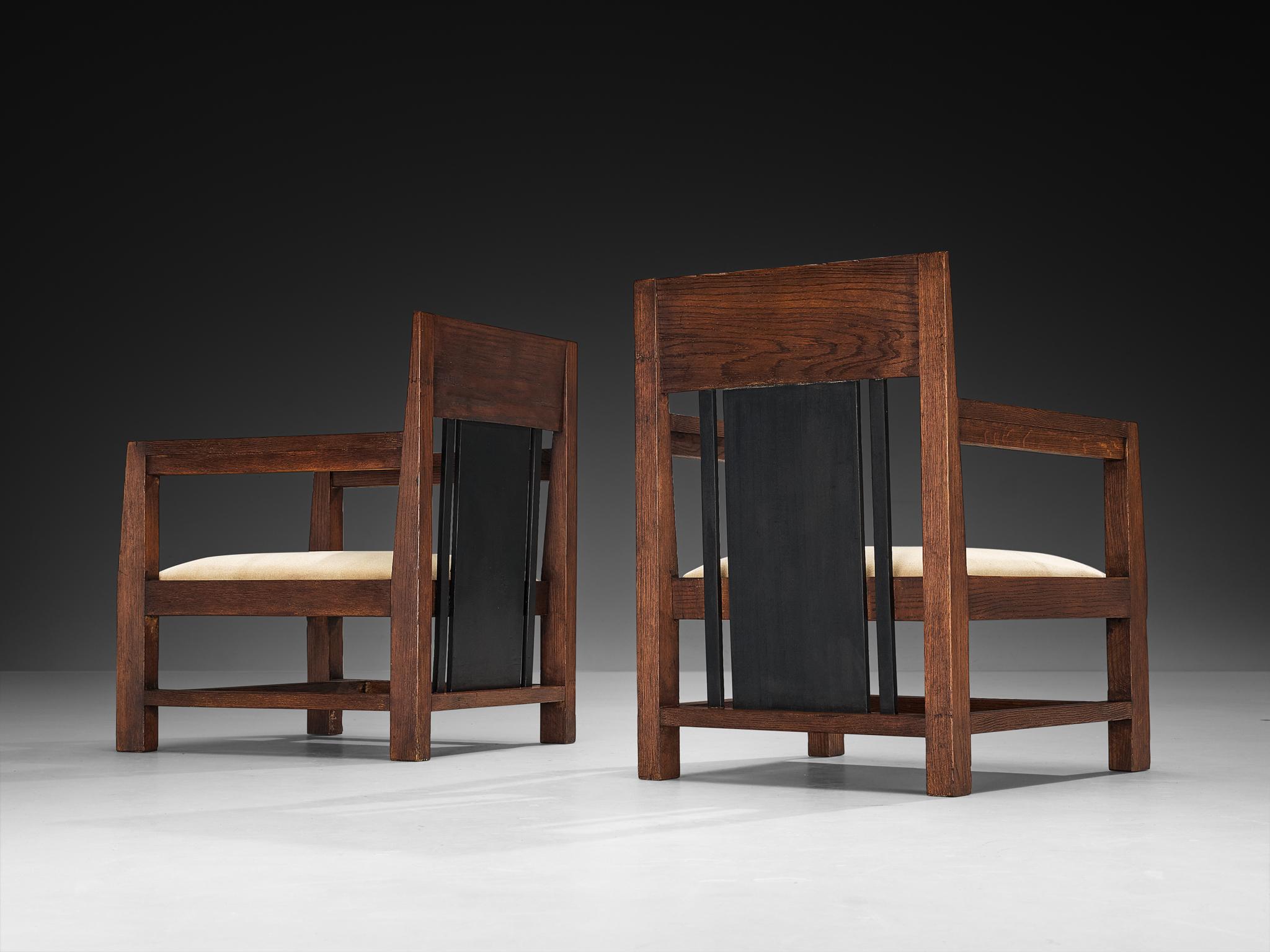 Néerlandais Cor Alons Paire de chaises longues modernistes Art Déco en chêne et velours beige en vente