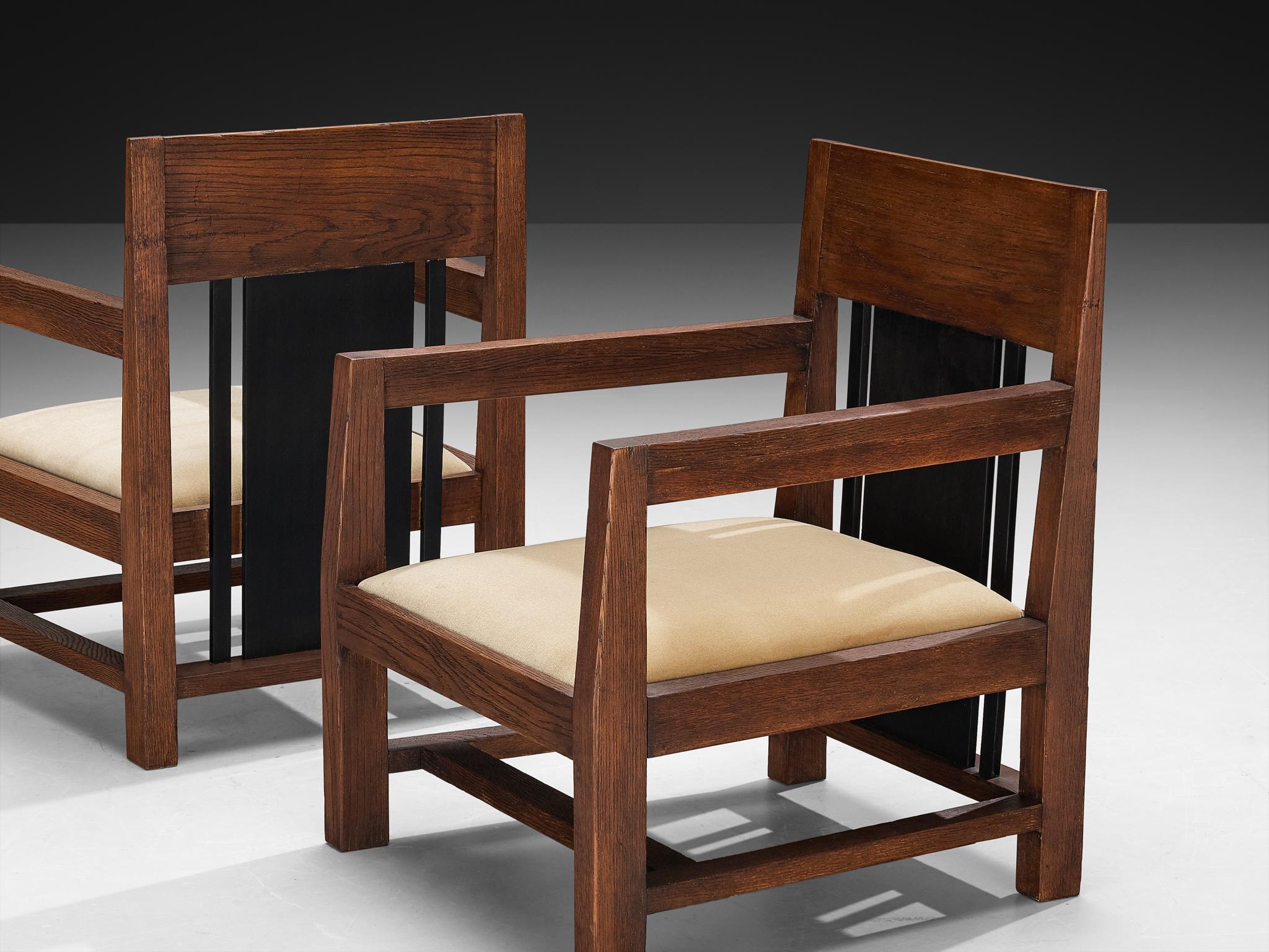 Début du 20ème siècle Cor Alons Paire de chaises longues modernistes Art Déco en chêne et velours beige en vente