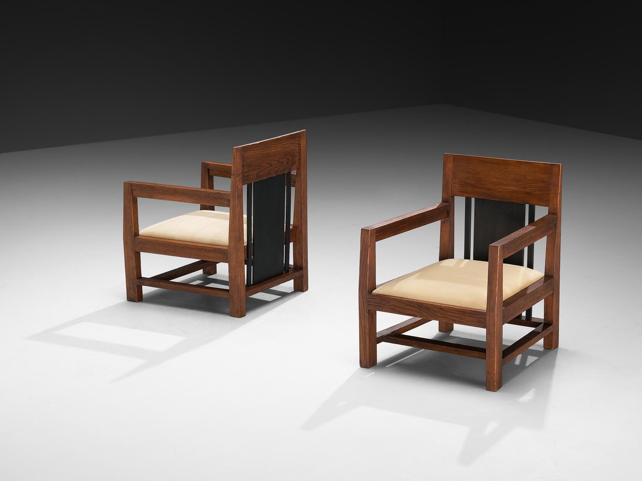 Cor Alons Paire de chaises longues modernistes Art Déco en chêne et velours beige en vente 1
