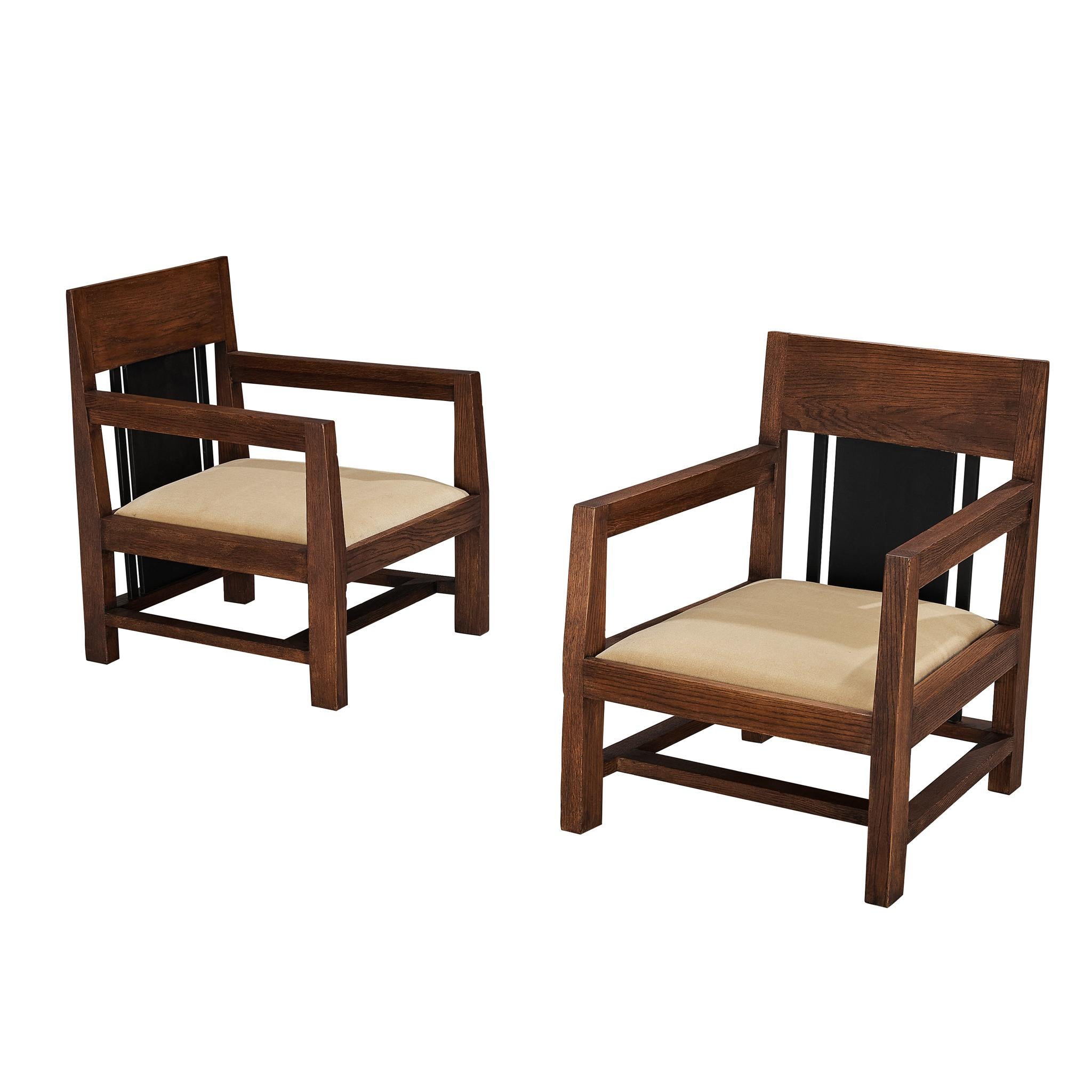 Cor Alons Paire de chaises longues modernistes Art Déco en chêne et velours beige en vente