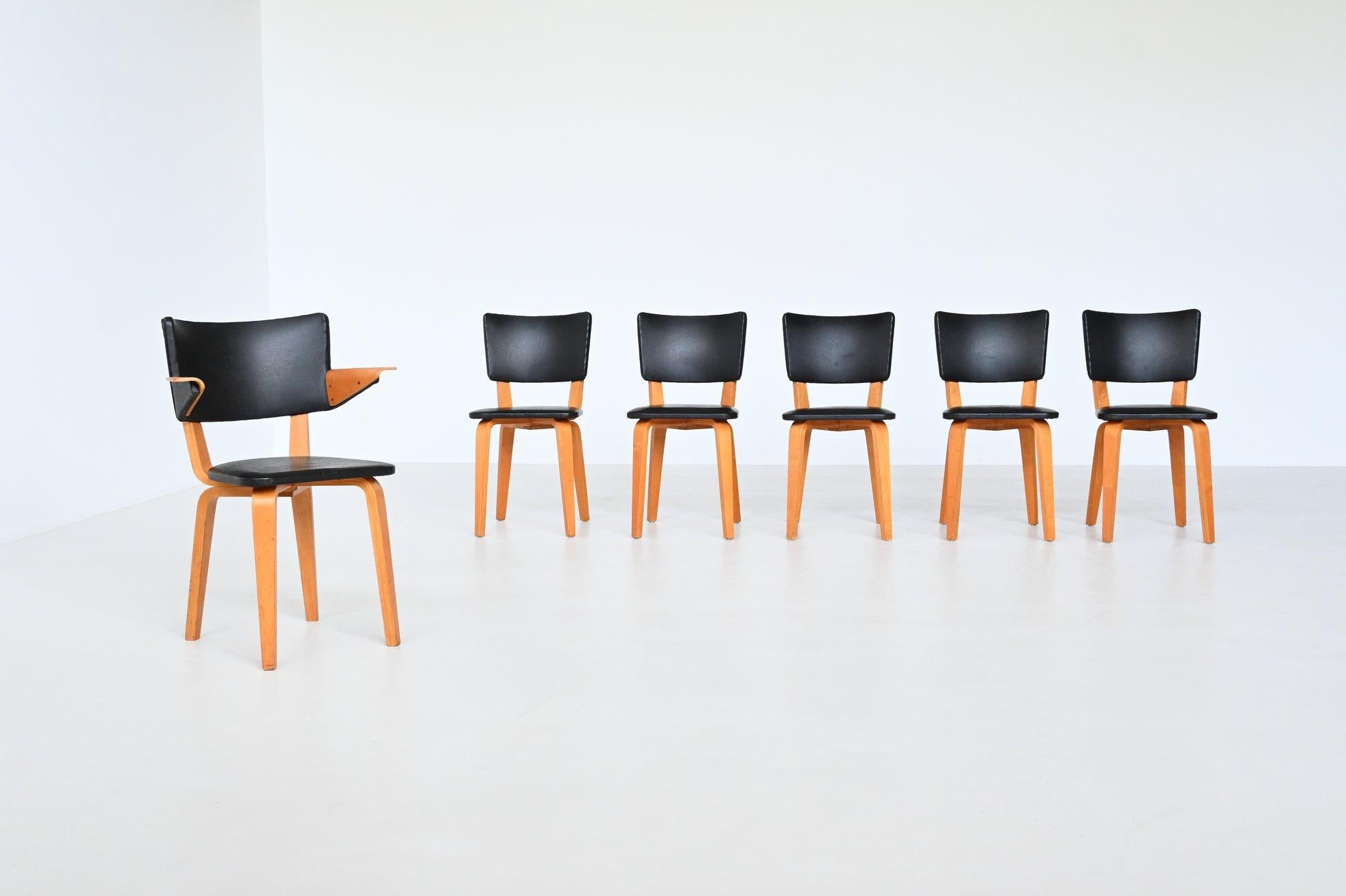 Very nice and original set of six dining chairs model 500 designed by Cor Alons & J.C. Jansen and manufactured by Gouda den Boer, The Netherlands 1949. These chairs are made of birch plywood using the same technics Charles and Ray Eames uses. The