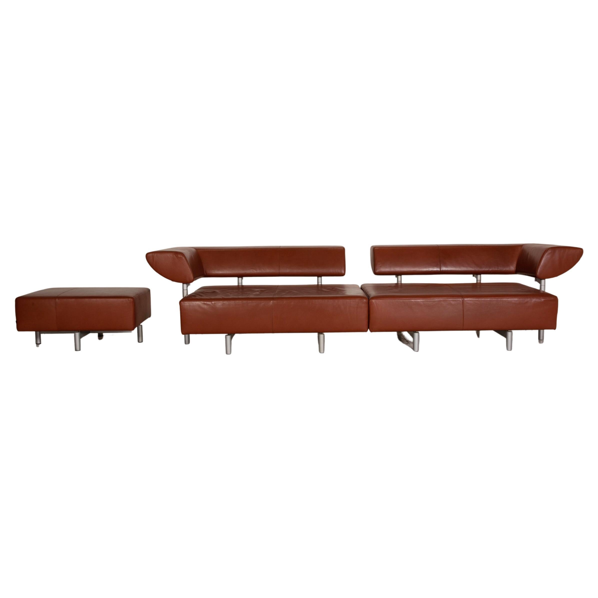 COR Arthe Leather Sofa Set Brown 2x Two-Seater Stool For Sale