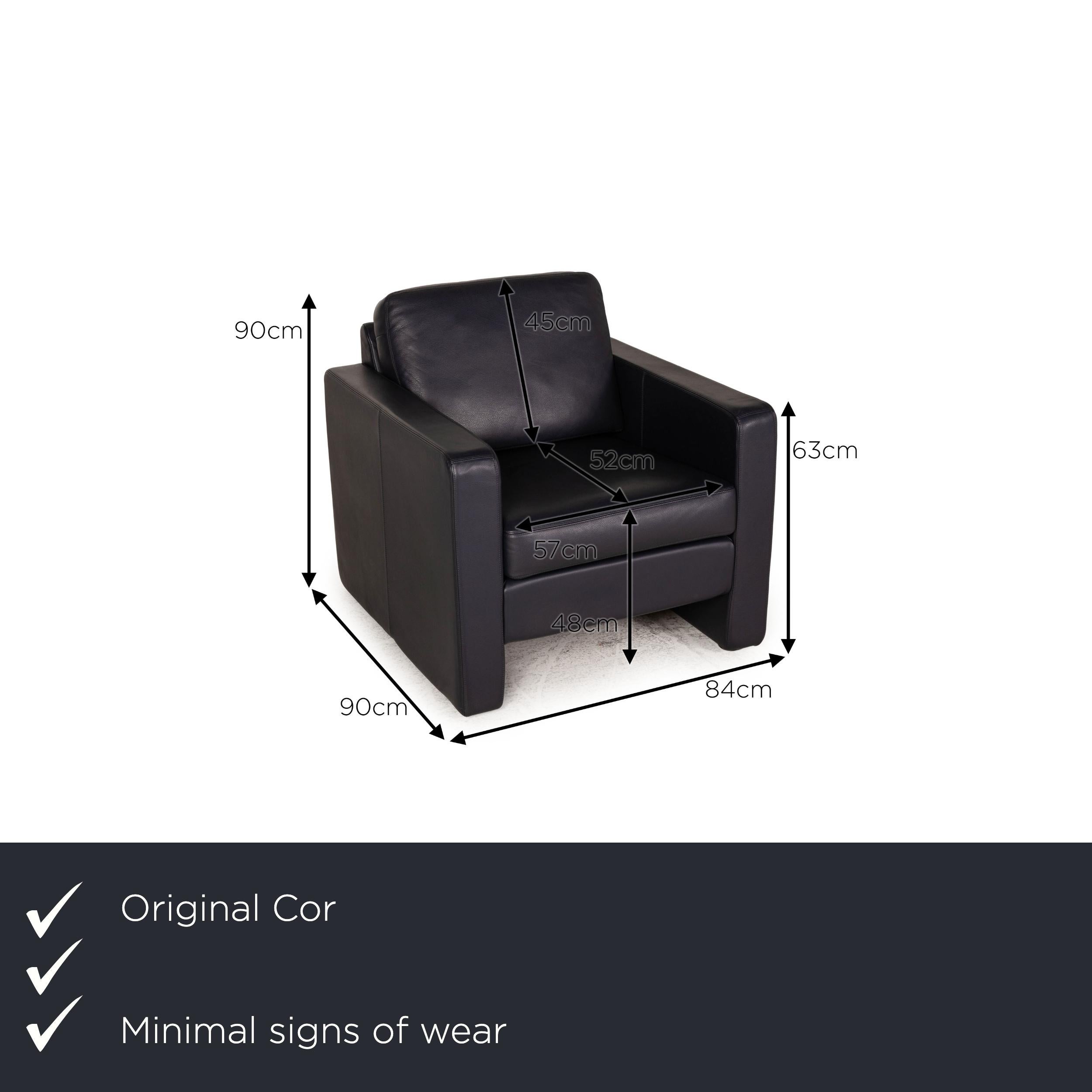We present to you a Cor Conseta leather armchair blue.

Product measurements in centimeters:

depth: 90
width: 84
height: 85
seat height: 48
rest height: 63
seat depth: 52
seat width: 57
back height: 45.

 