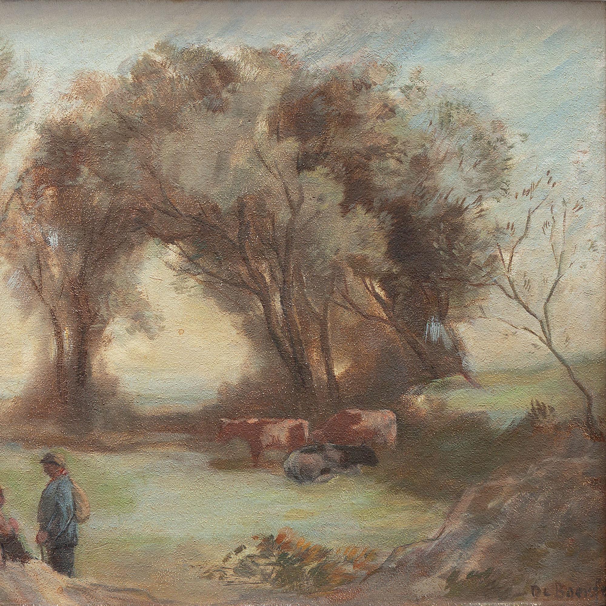 A peaceful early 20th-century oil painting depicting a pastoral scene with cows and figures. On the reverse, the artist, Cor De Boer (1878-1961) has inscribed ‘Hommage à Corot’, which is a reference to French landscape painter, Jean-Baptiste-Camille