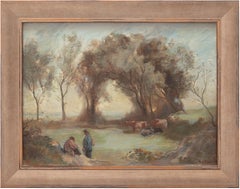 Peinture à l'huile - Scène pastorale néerlandaise avec personnages, Cor De Boer