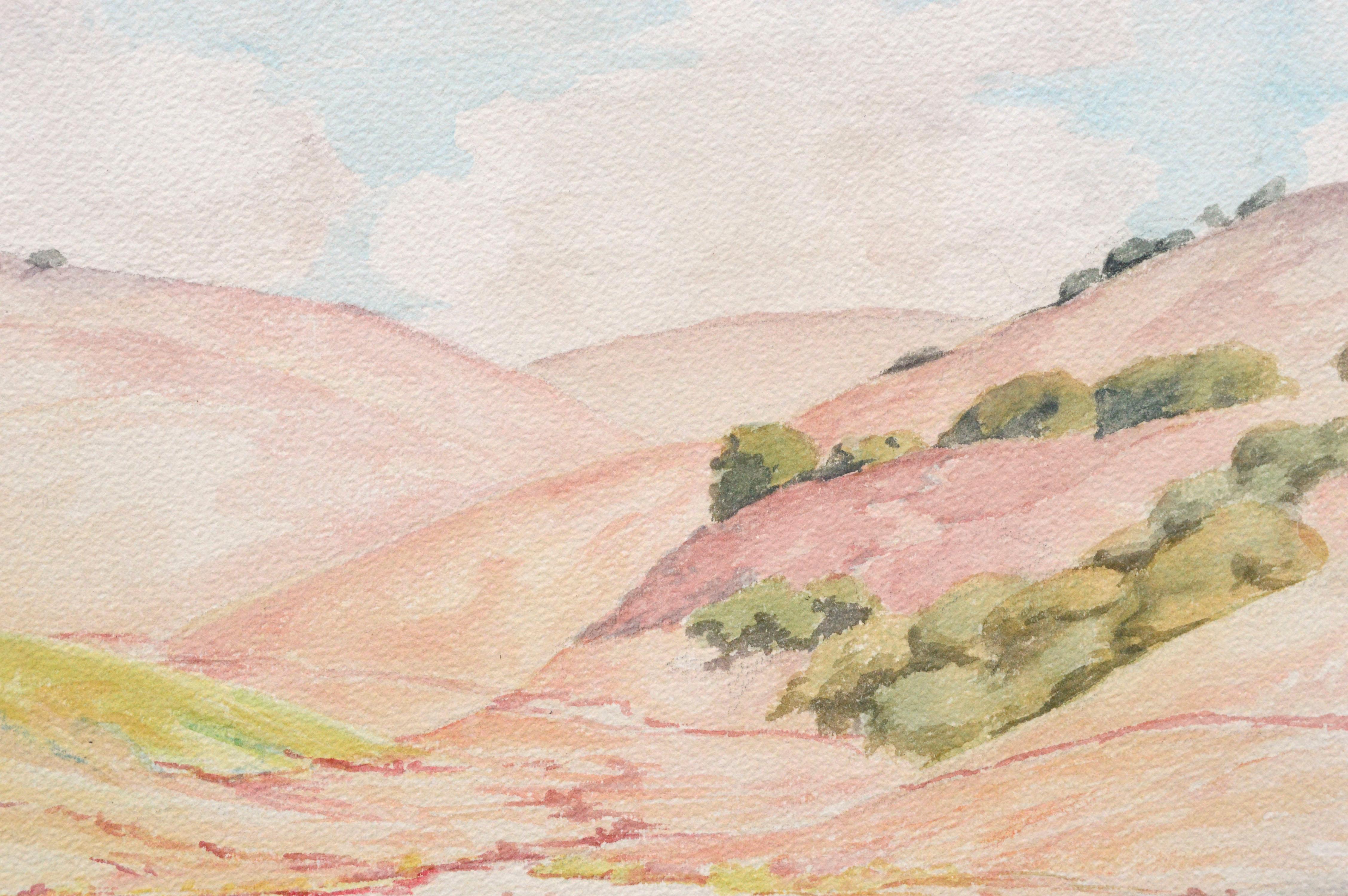 Vibrant California landscape consisting of pink and gold rolling hills, oak trees, and a body of water in the foreground. Signed twice, by the artist in the lower right corner, once in paint, and a second time in pencil. Presented in a cream mat.