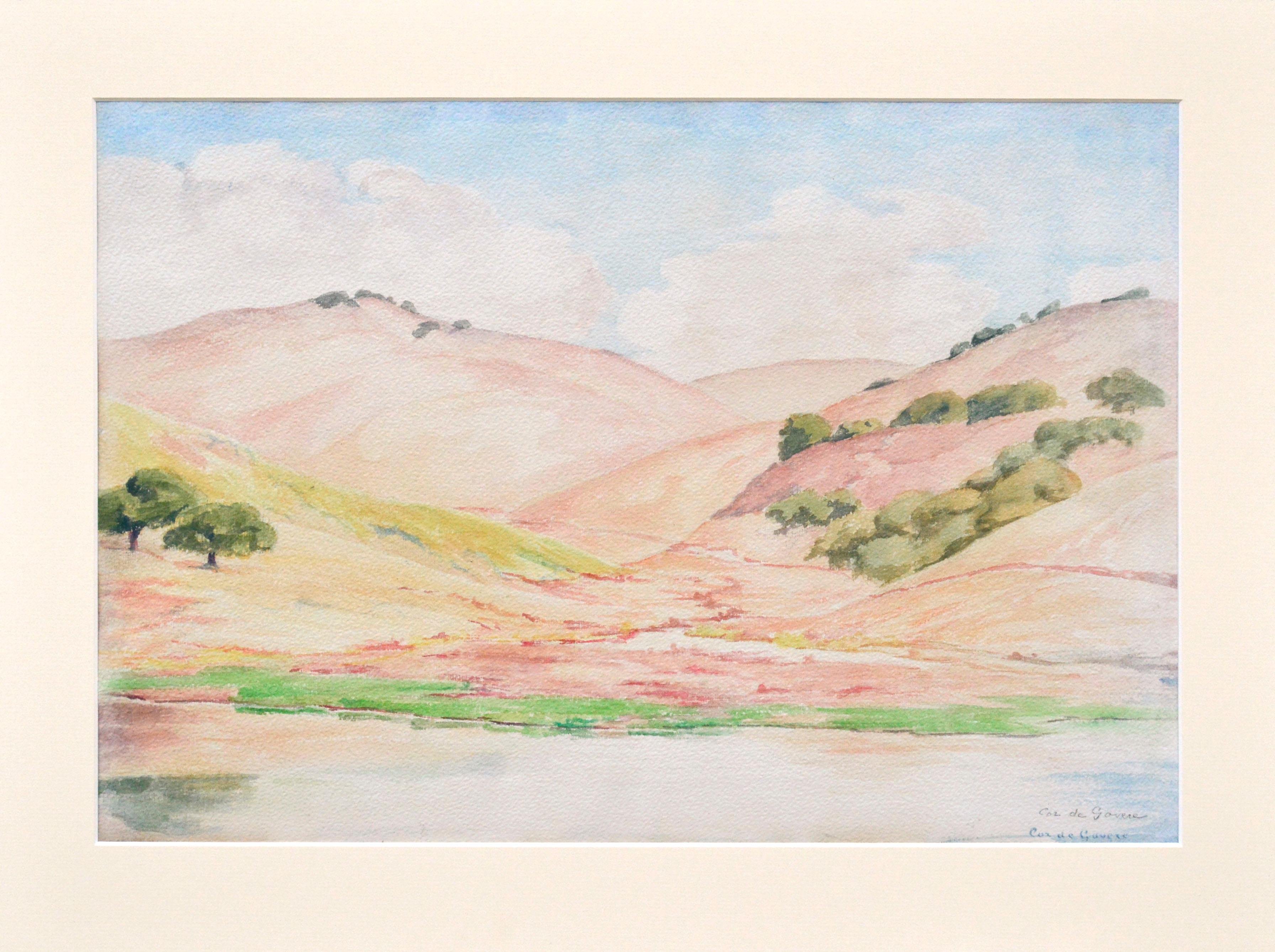 Lebendige kalifornische Landschaft mit rosa und goldenen Hügeln, Eichen und einem Gewässer im Vordergrund. Zweimal signiert, vom Künstler in der rechten unteren Ecke, einmal mit Farbe und ein zweites Mal mit Bleistift. Präsentiert in einer