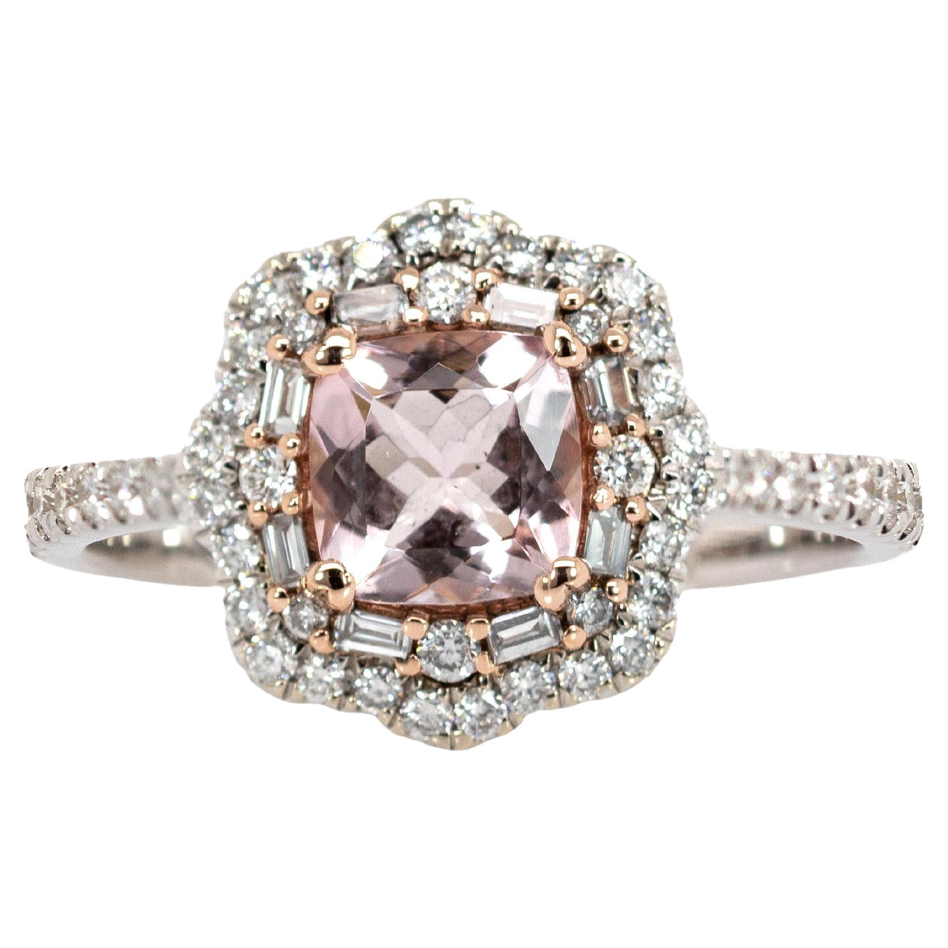 Anillo Cor De Rosa con doble halo de diamantes y Morganita en oro macizo de 14 quilates  CU 6mm en venta