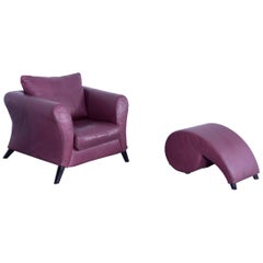 COR Designer Armchair with Footstool in Aubergine Winred Leather from Germany