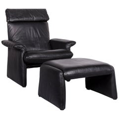 COR Designer Leather Armchair Footstool Set Black