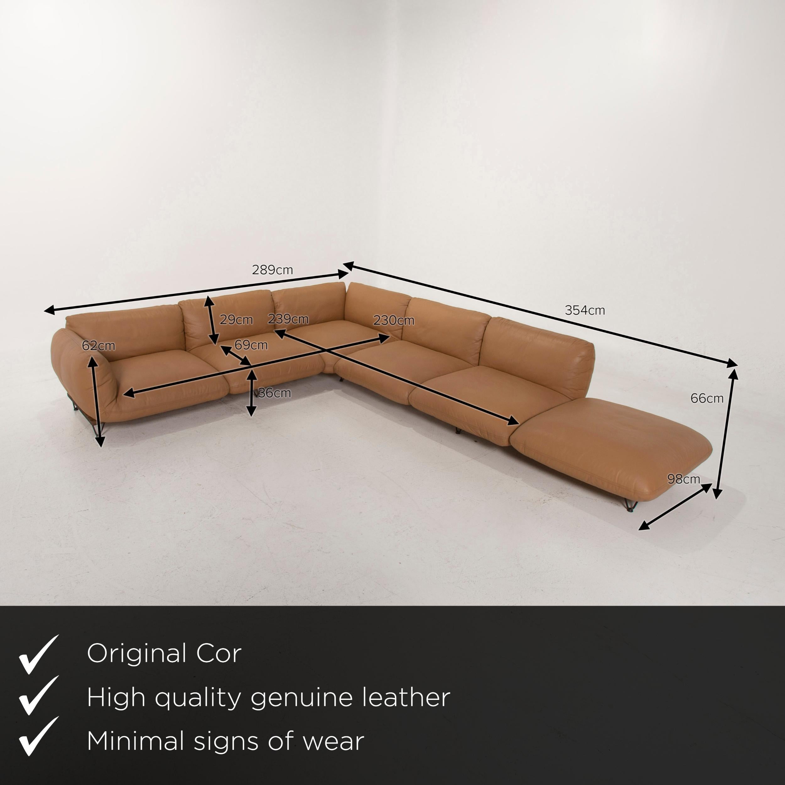 We present to you a Cor Jalis leather sofa cognac corner sofa substructure and feet by Revive.

 

 Product measurements in centimeters:
 

Depth 98
Width 289
Height 66
Seat height 36
Rest height 62
Seat depth 69
Seat width 230
Back