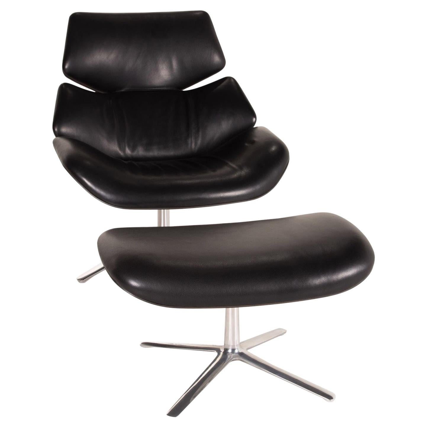 COR Shrimp Leather Armchair Black Incl. Stool For Sale