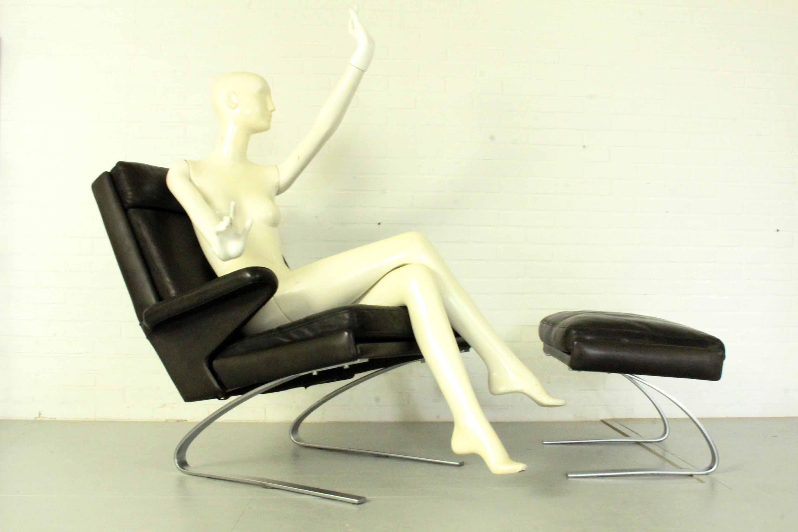 Mid-Century Modern COR Swing Lounge Chair with Matching Ottoman in Leather and Steel Frame, Germany
