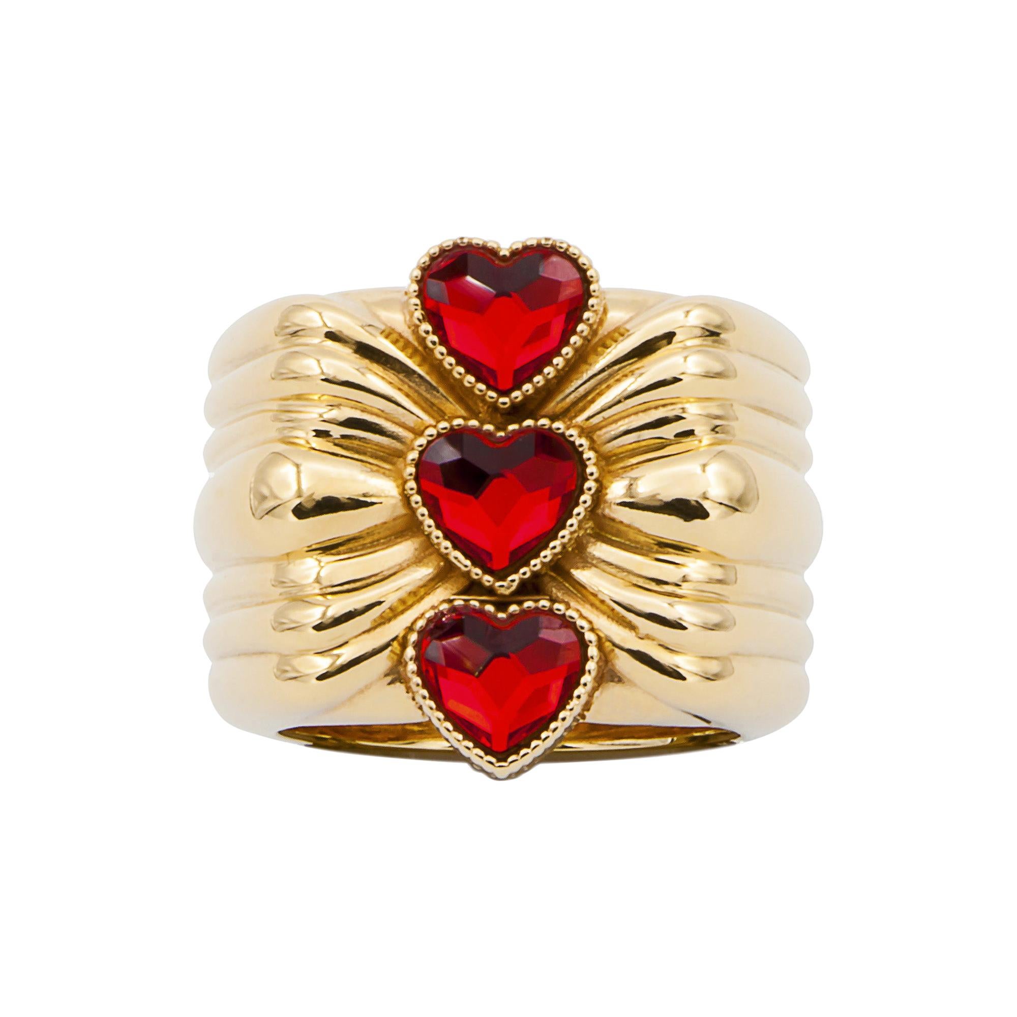 Cor Three red hearts gold plated ring NWOT