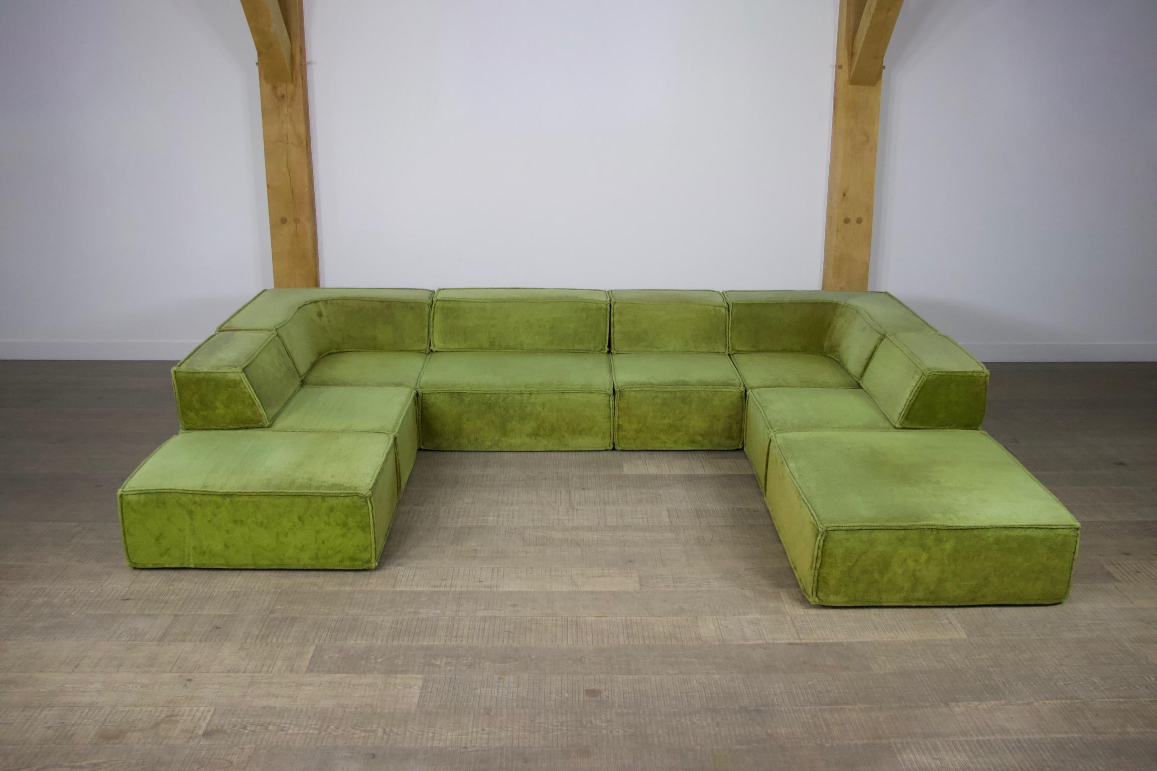 Beautiful and iconic modular sofa in stunning green teddy fabric, which was created in 1972 by Team Form AG in Switzerland for COR. The sofa consists of: 
2 corner elements 
2 large elements (one with backrest) 
4 small elements (one without