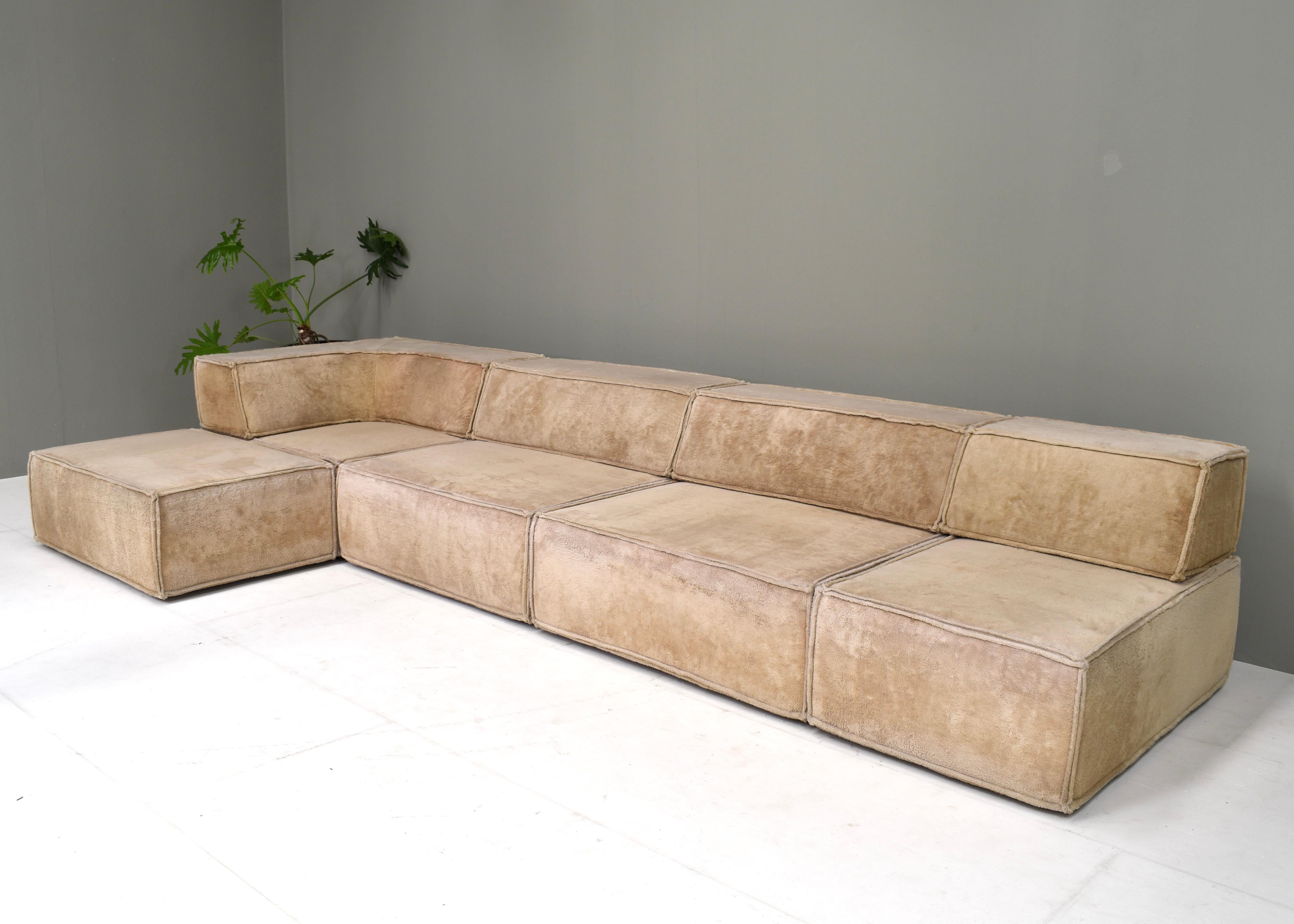 Amazing large COR Trio sectional sofa in original beige / cappuccino teddy fabric. 
Original cappuccino/ beige teddy fabric.
Reupholstery is certainly NOT necessary but possible on request. Just ask us about the possibilities. 

Very beautiful
