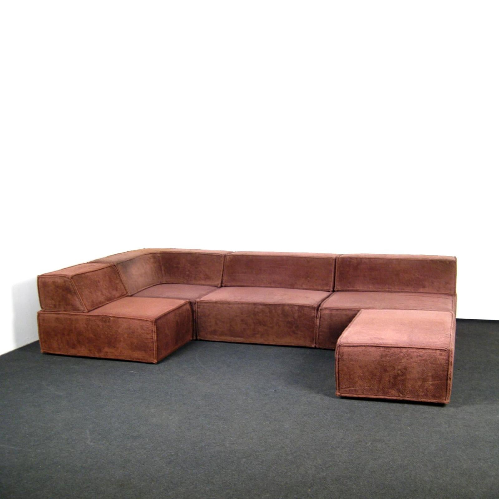 Wonderful seat-scape modules 'Trio Sofa' by Team Form AG for COR, designed and produced in 1972 with brown/burnt orange upholstery. The set consists of three base modules with two straight and one angular back rests (37.5