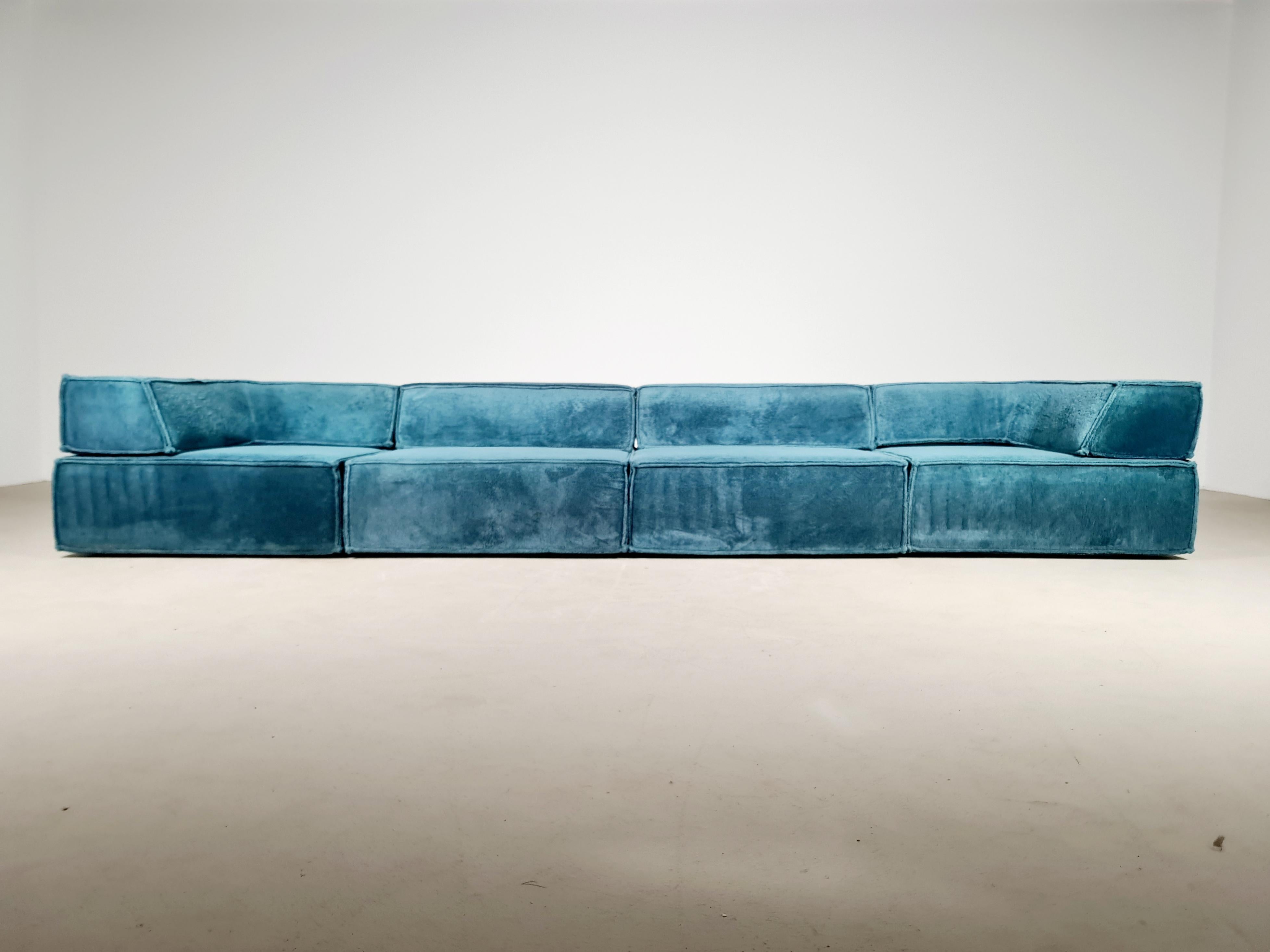 Very beautiful sofa landscape designed by the Swiss Designers Group named Form AG and produced in the 1970s by COR, Germany. Many different kinds of variants are possible because of the modular and adjustable system of the sofa. In its original blue