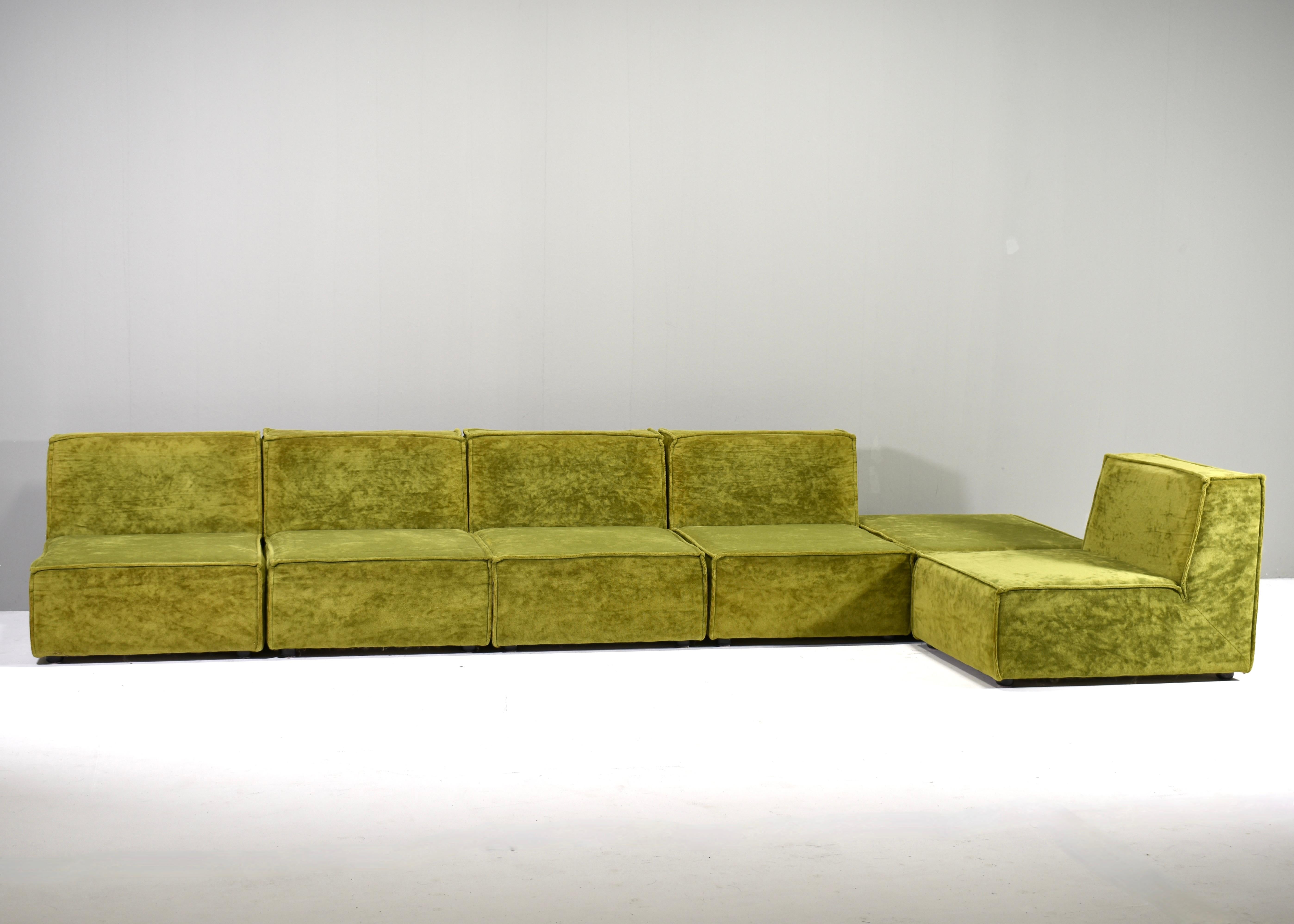 Mid-Century Modern COR TRIO style green velvet seventies sectional sofa, circa 1970