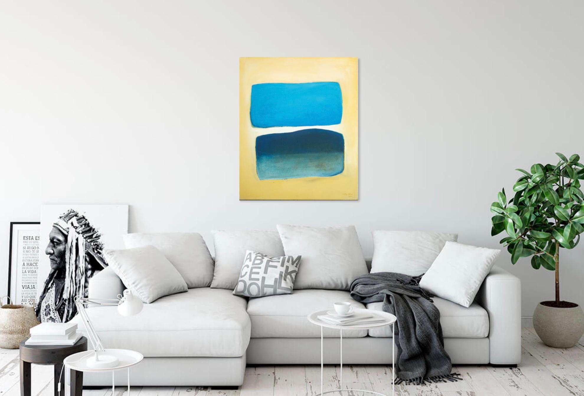 Abstraction jaune et bleue - Painting de Cora Van