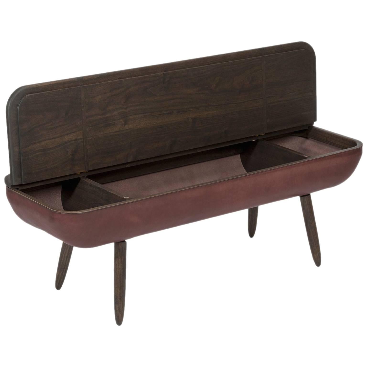 Coracle Bench with Storage, Walnut and eco-friendly Vegetable Tanned Leather