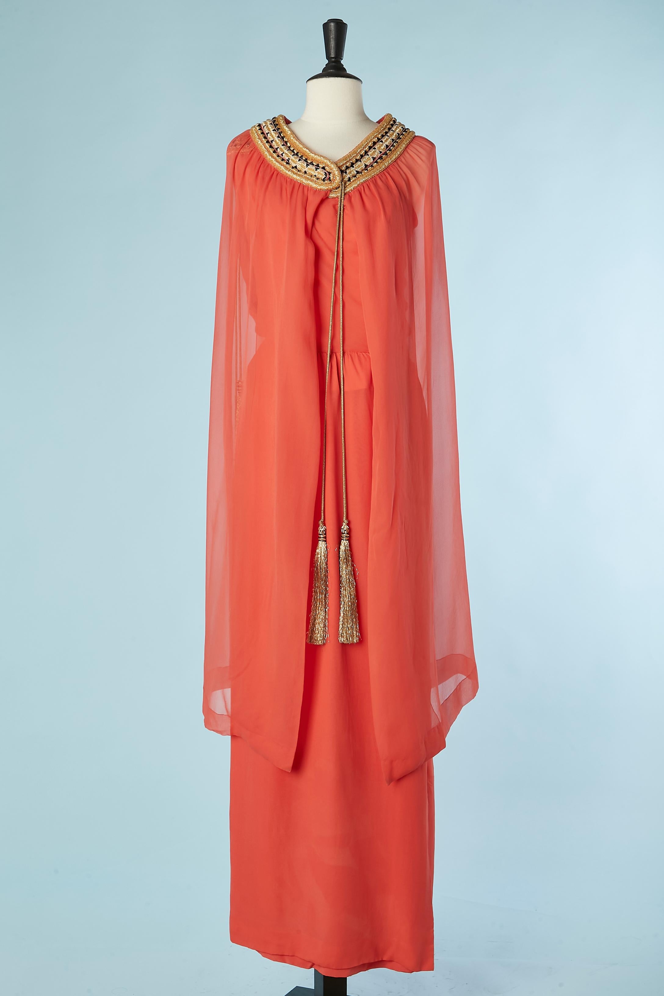 Corail silk chiffon evening dress with cape and beadwork Givenchy Reproduction  In Excellent Condition For Sale In Saint-Ouen-Sur-Seine, FR
