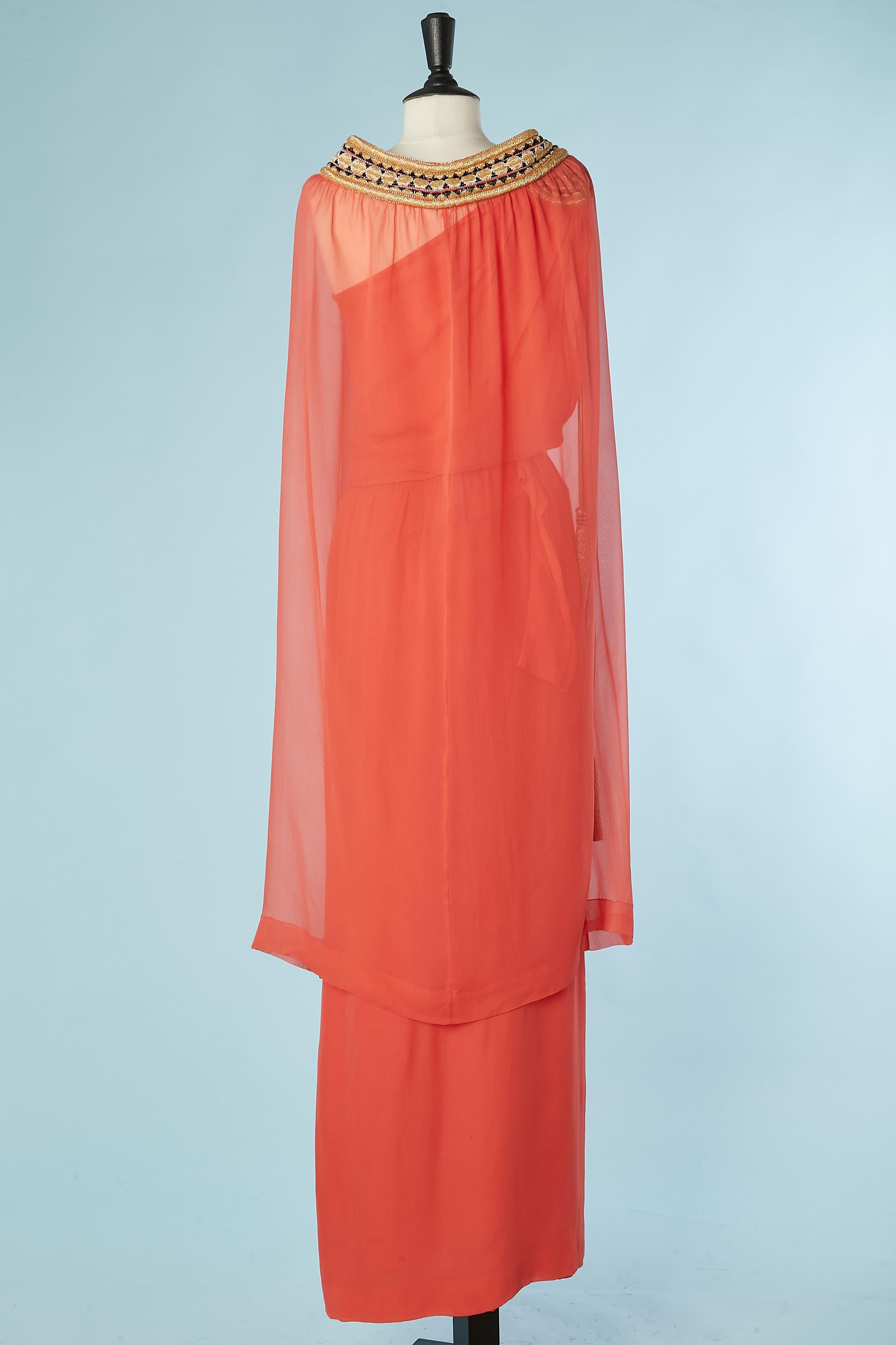Corail silk chiffon evening dress with cape and beadwork Givenchy Reproduction  For Sale 1