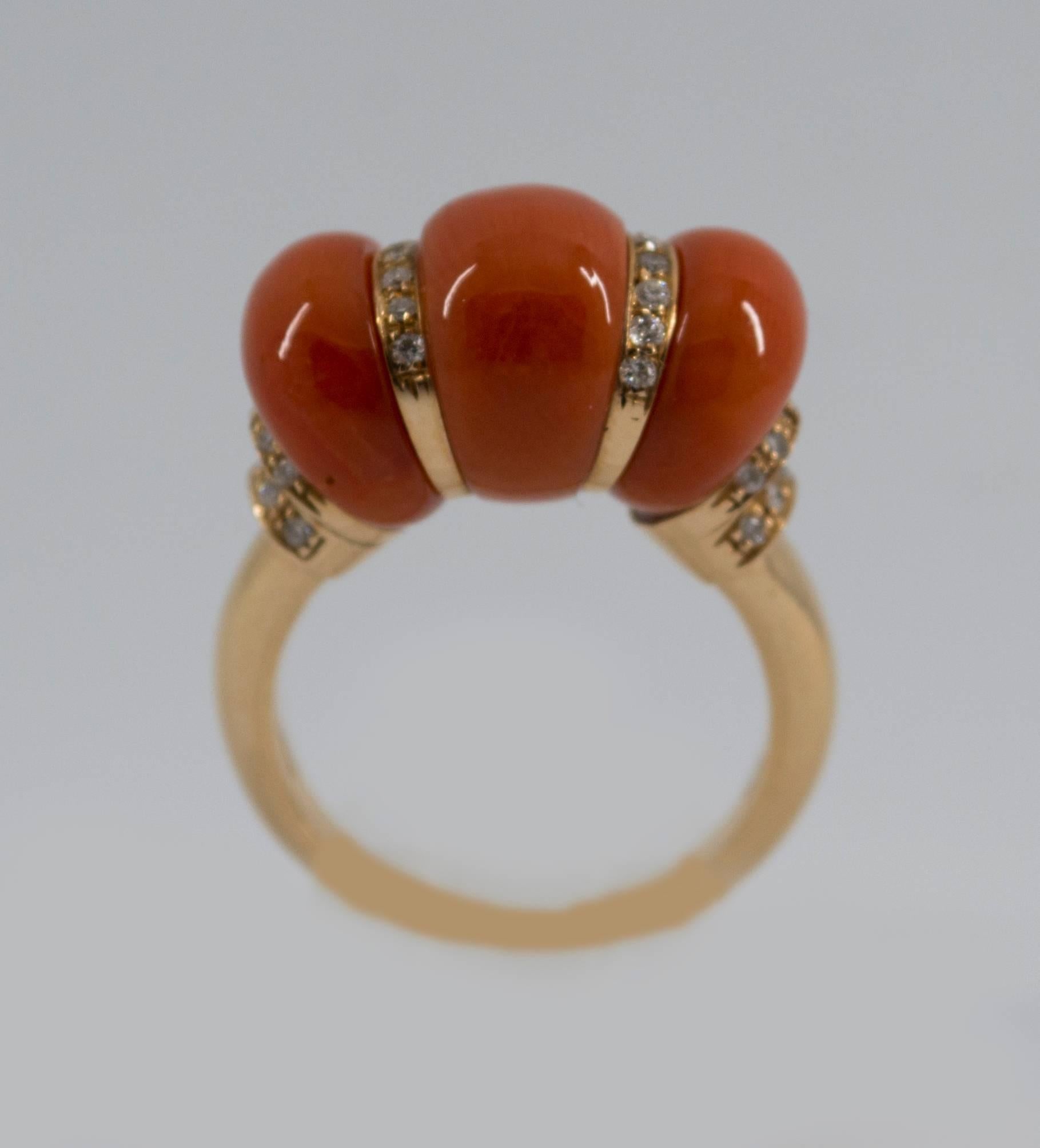 This ring is made of 14K Yellow Gold.
This ring has Coral and 0.35 Carats of Diamonds.
Size ITA: 15 Size USA: 7
We're a workshop so every piece is handmade, customizable and resizable.