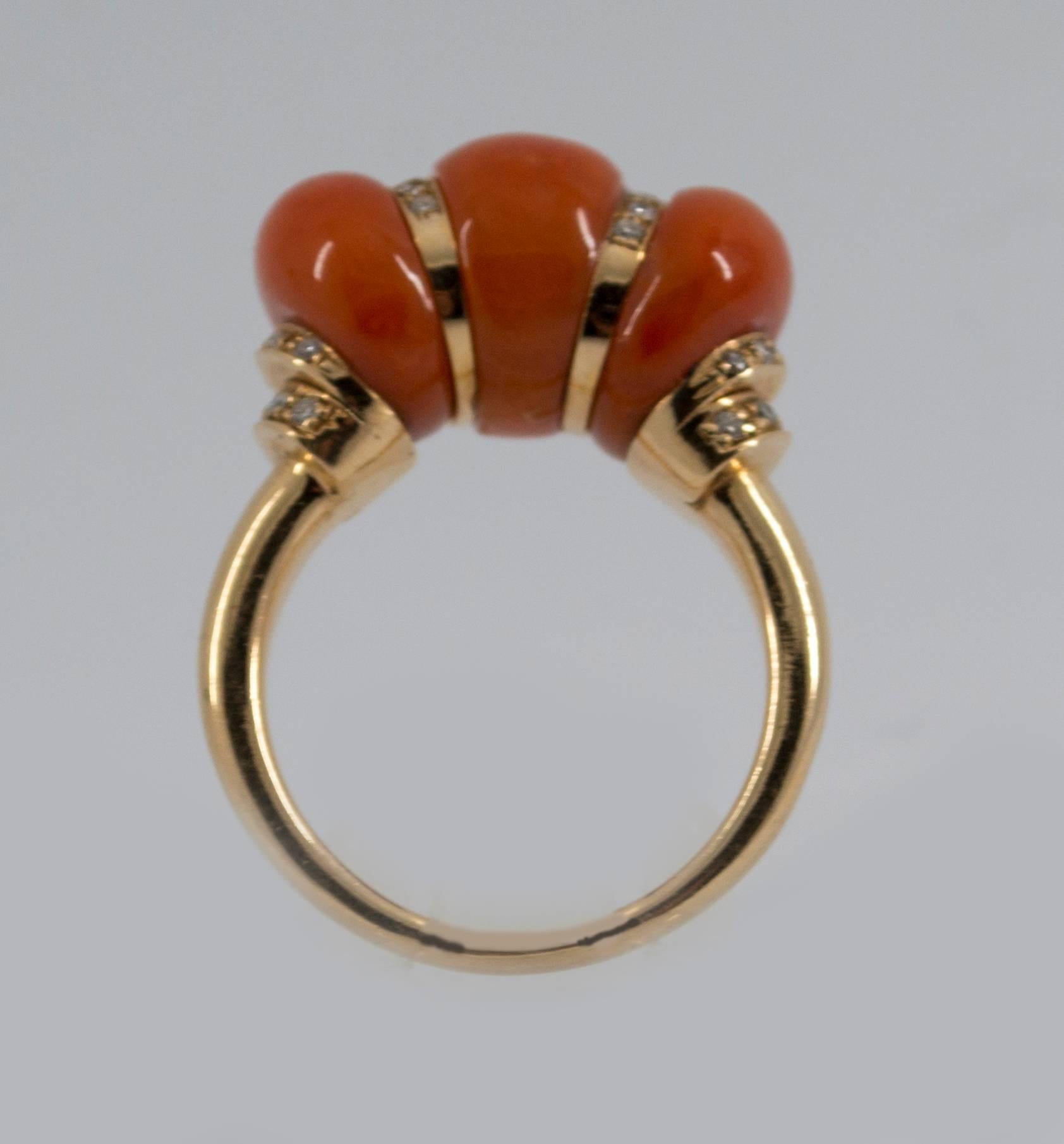 Women's or Men's Coral 0.35 Carat Diamond Yellow Gold Cocktail Ring