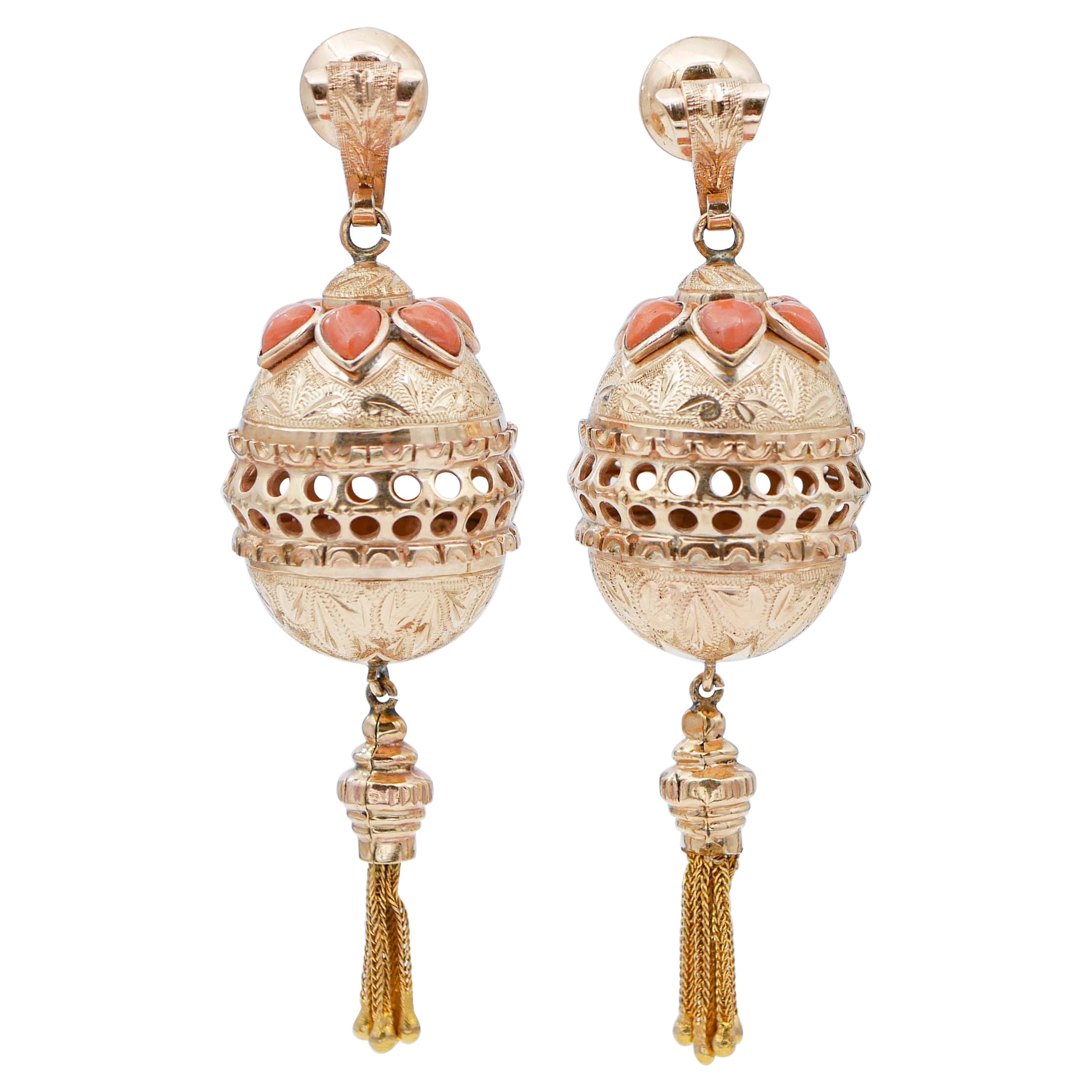 Coral, 14 Karat Rose Gold Dangle Earrings For Sale