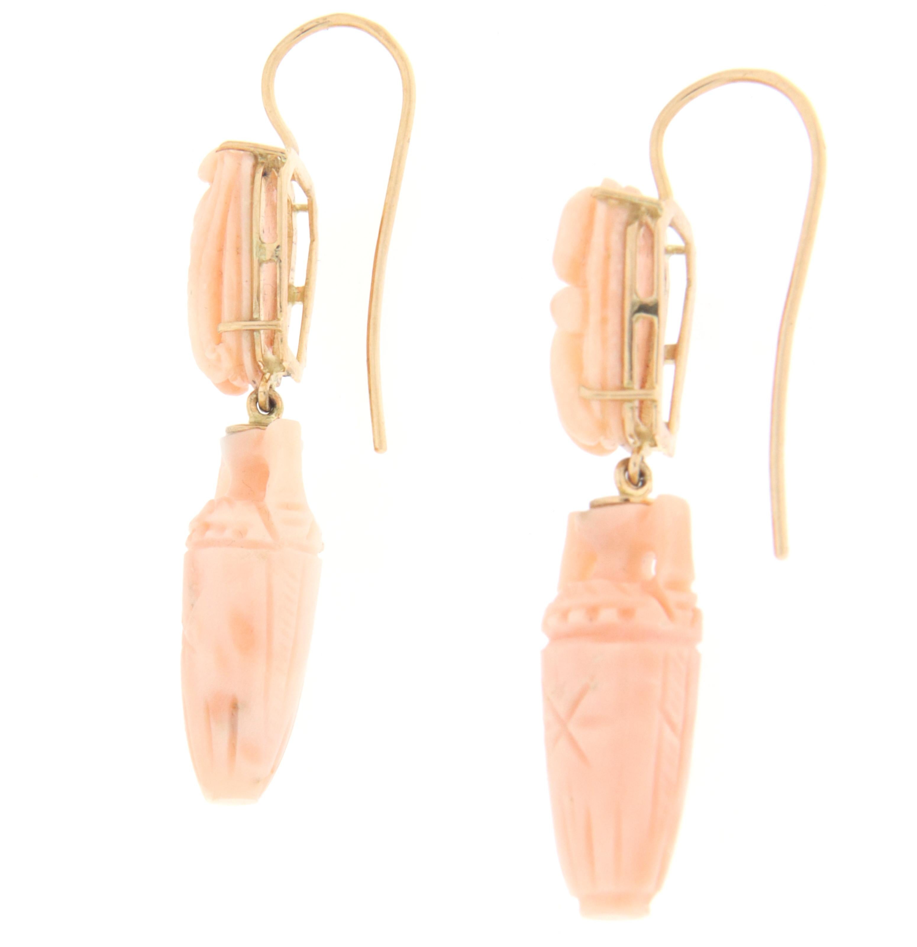 Uncut Coral 14 Karat Yellow Gold Anchors Drop Earrings For Sale