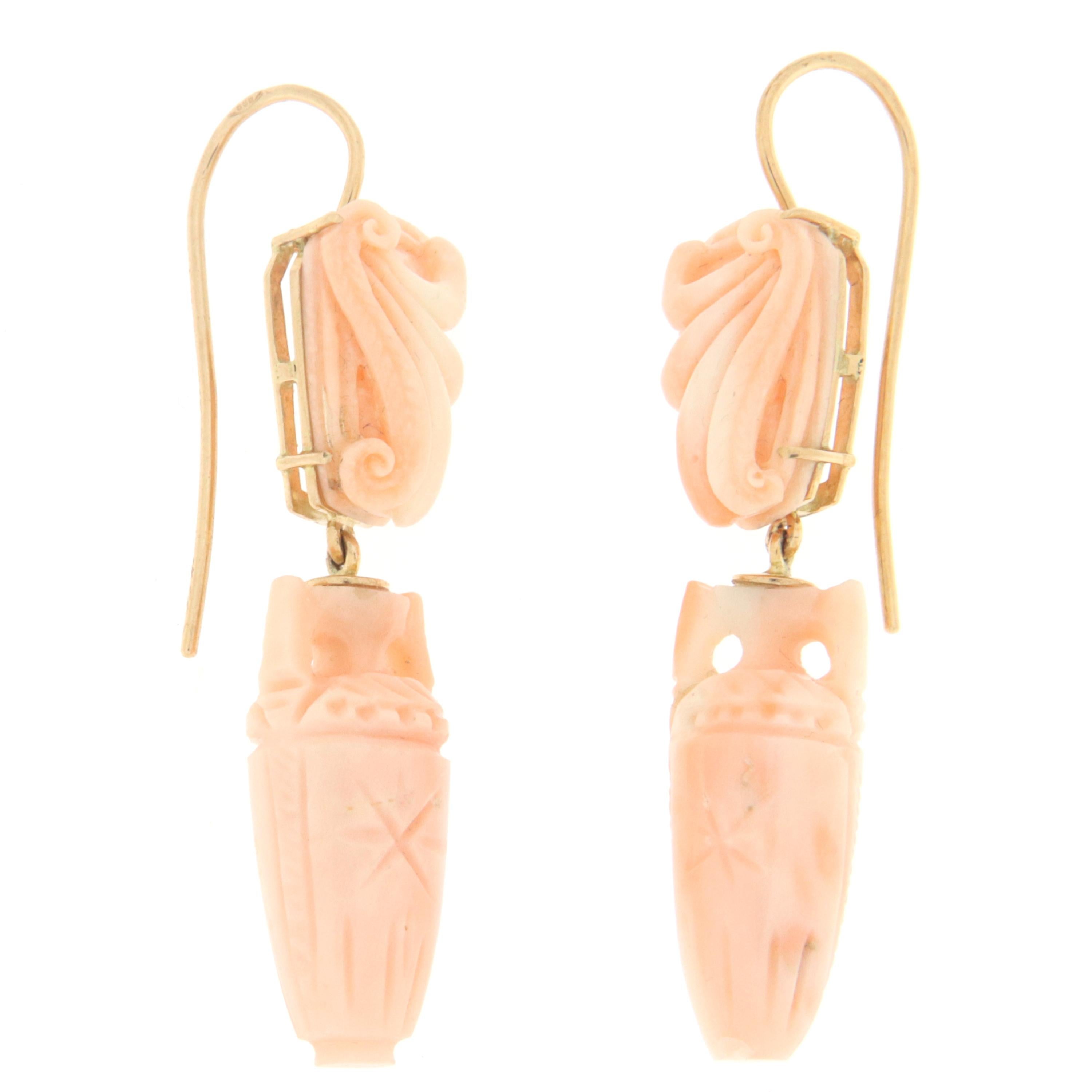 Coral 14 Karat Yellow Gold Anchors Drop Earrings In New Condition For Sale In Marcianise, IT