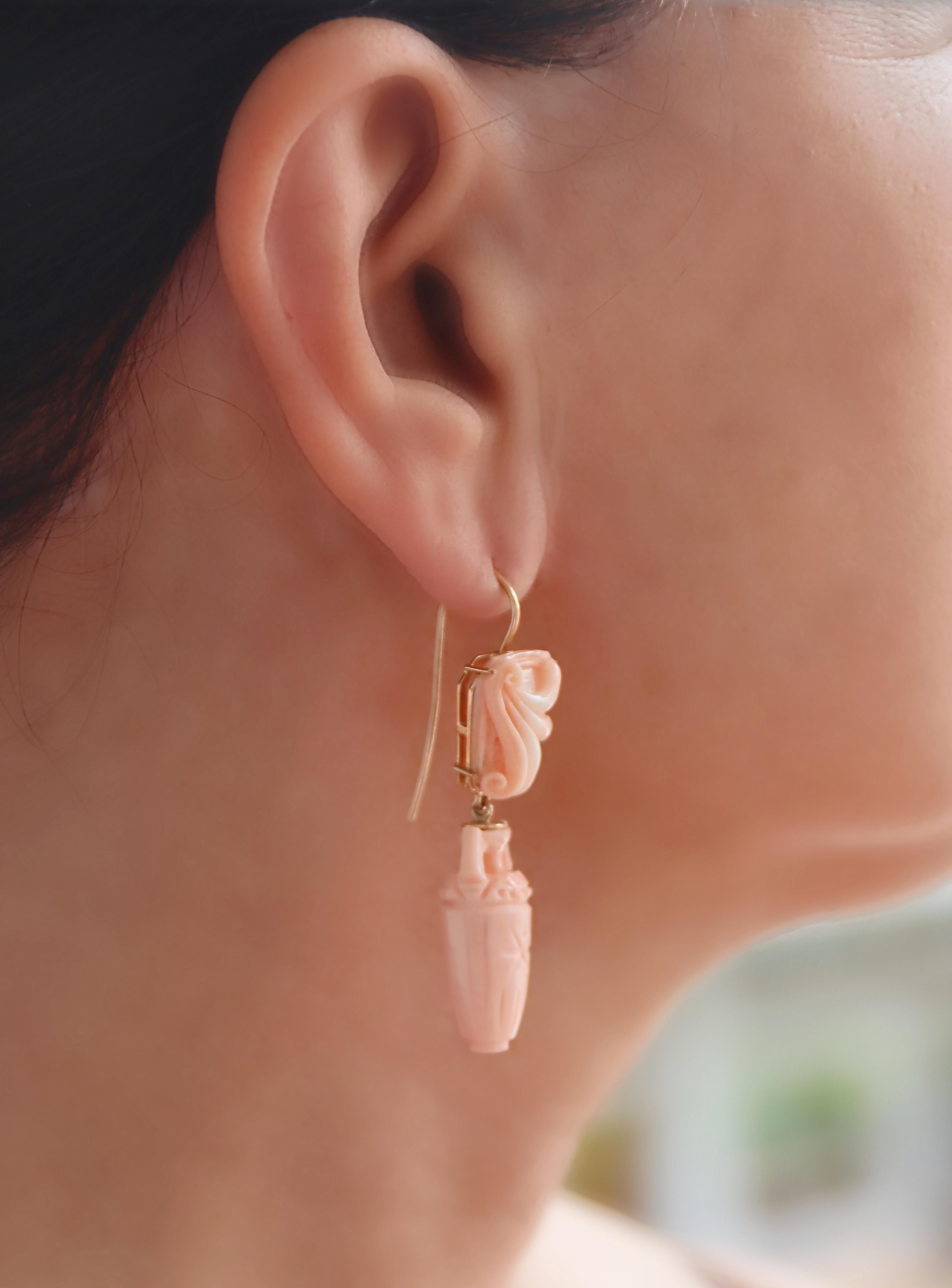 Coral 14 Karat Yellow Gold Anchors Drop Earrings For Sale 2
