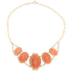 Artisan 14kt Yellow Gold Coral Cameo Choker Necklace, Italy, 1950s
