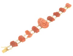 1950s Italian Artisan 14K Yellow Gold Cuff Bracelet with Coral Cameos