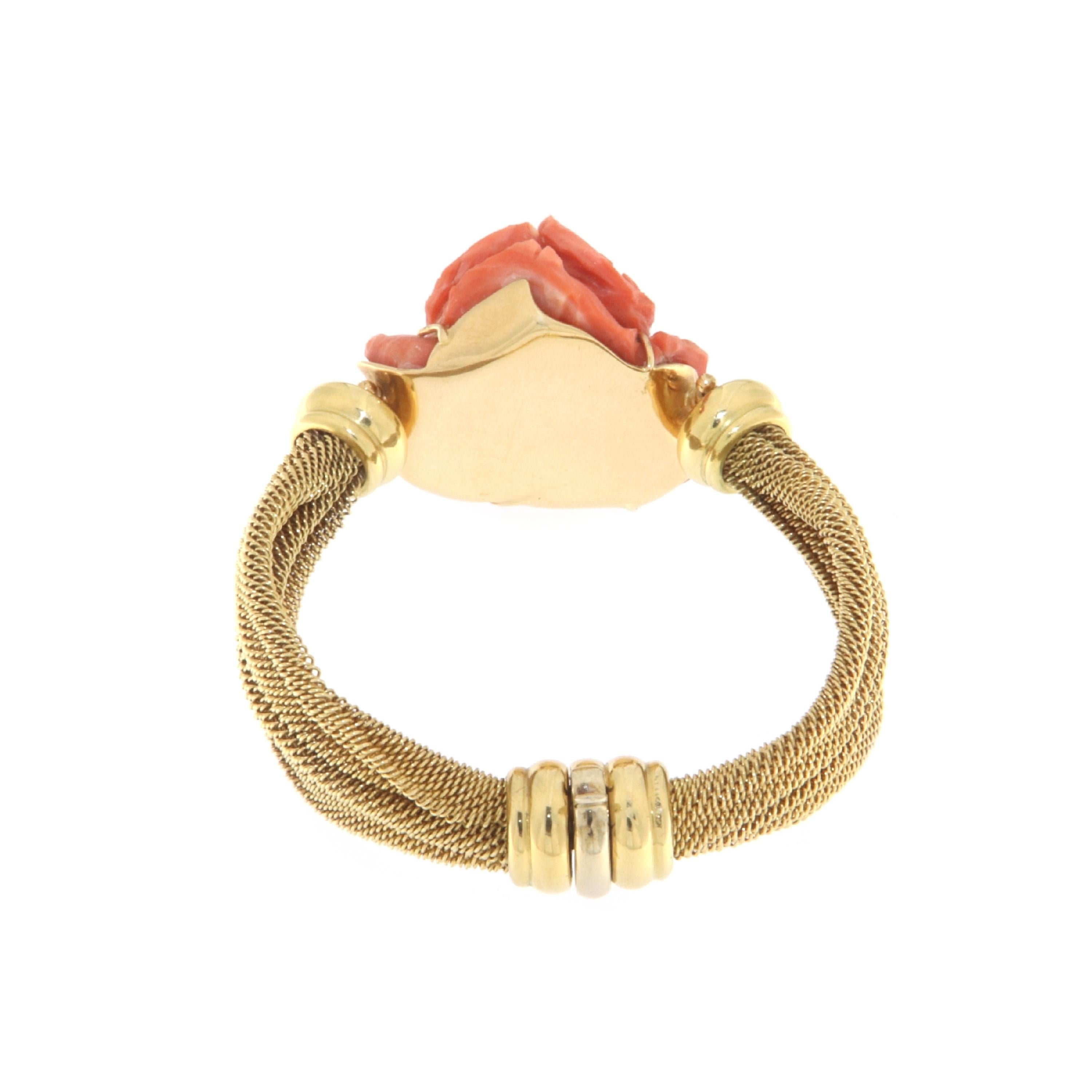 Coral 14 Karat Yellow Gold Cuff Bracelet For Sale 1