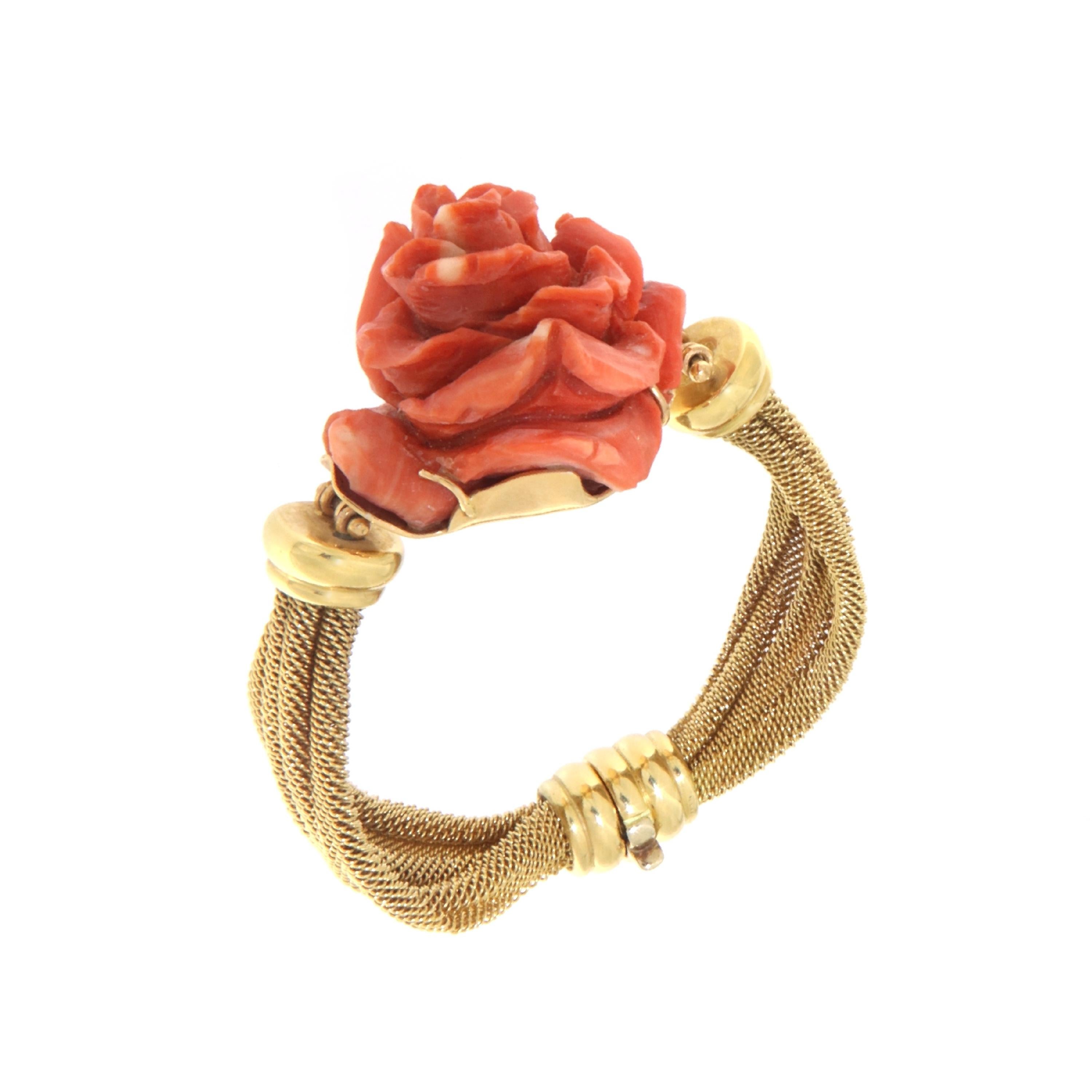 Coral 14 Karat Yellow Gold Cuff Bracelet For Sale 2