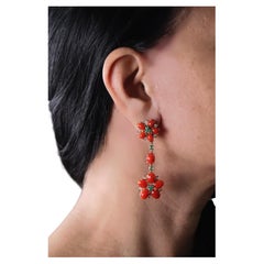 Coral Diamonds Emeralds 14 Karat Yellow Gold Drop Earrings